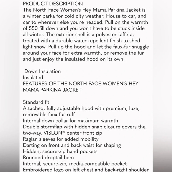 The North Face Hey Mama Parkina Coat Water Repellent 550 Filled Olive Color XS - Picture 6 of 16